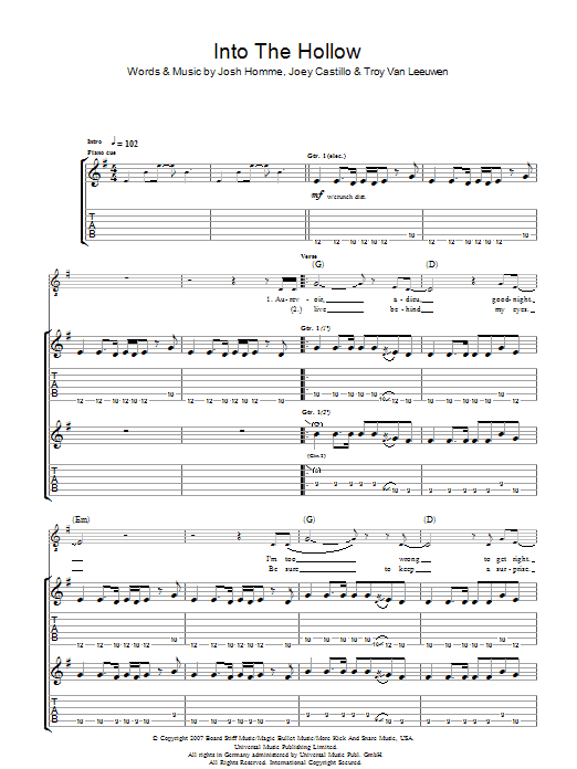Learn to play Queens Of The Stone Age Into The Hollow sheet music for Guitar Tab in minutes. Price: 7.8900$ Queens Of The Stone Age Into The Hollow sheet music notes and chords arranged for Guitar Tab