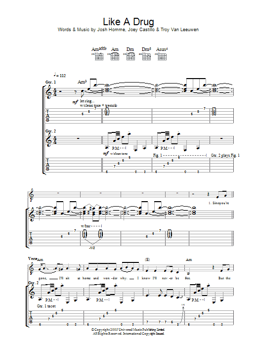 Learn to play Queens Of The Stone Age Like A Drug sheet music for Guitar Tab in minutes. Price: 7.8900$ Queens Of The Stone Age Like A Drug sheet music notes and chords arranged for Guitar Tab