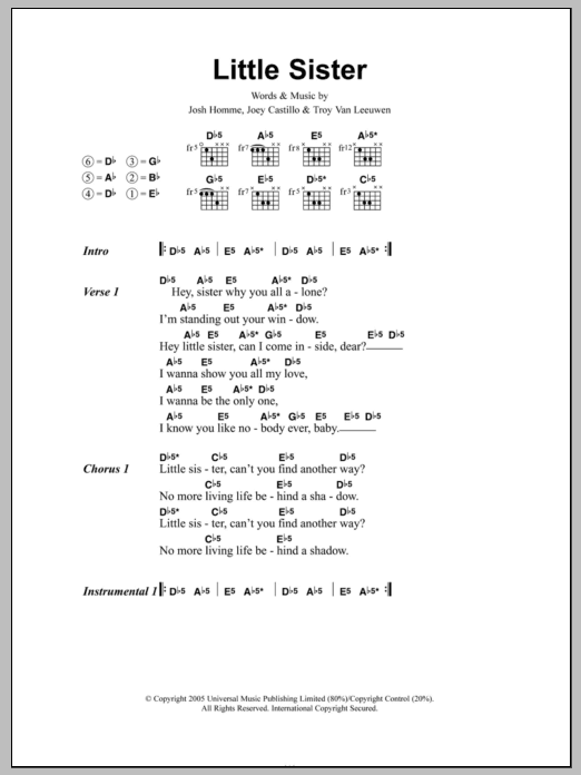 Queens Of The Stone Age Little Sister sheet music notes and chords. Download Printable PDF.