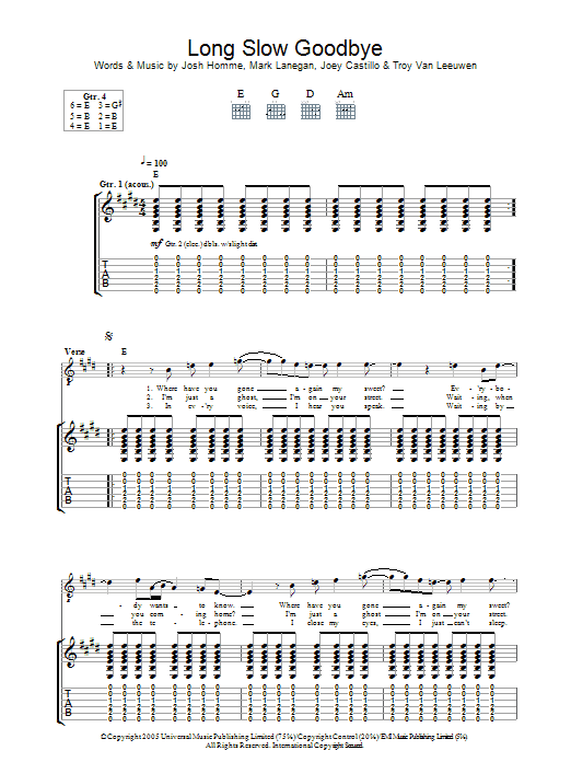 Learn to play Queens Of The Stone Age Long Slow Goodbye sheet music for Guitar Tab in minutes. Price: 7.8900$ Queens Of The Stone Age Long Slow Goodbye sheet music notes and chords arranged for Guitar Tab