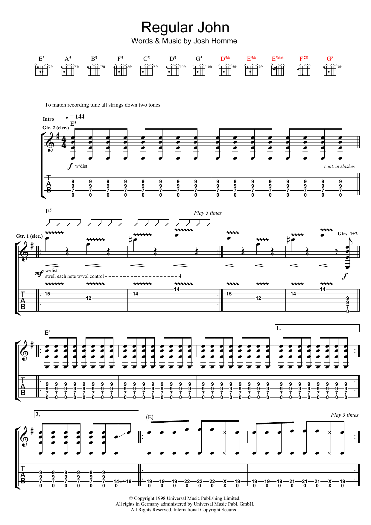 Learn to play Queens Of The Stone Age Regular John sheet music for Guitar Tab in minutes. Price: 7.8900$ Queens Of The Stone Age Regular John sheet music notes and chords arranged for Guitar Tab