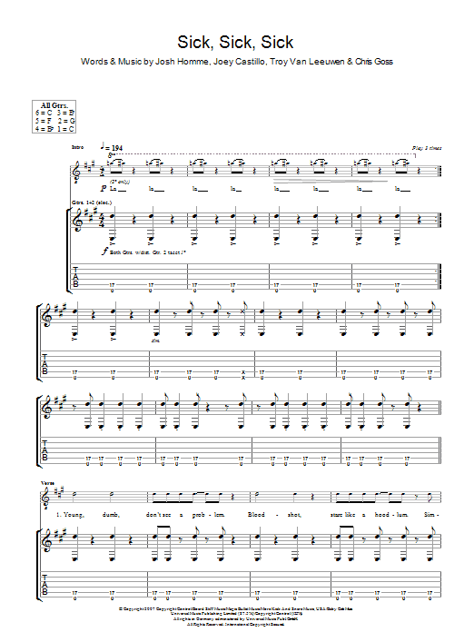 Learn to play Queens Of The Stone Age Sick, Sick, Sick sheet music for Guitar Tab in minutes. Price: 7.8900$ Queens Of The Stone Age Sick, Sick, Sick sheet music notes and chords arranged for Guitar Tab