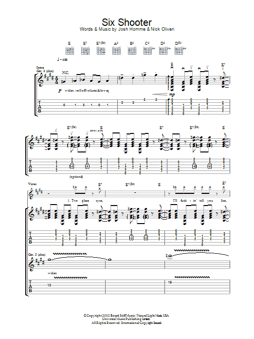 Learn to play Queens Of The Stone Age Six Shooter sheet music for Guitar Tab in minutes. Price: 7.8900$ Queens Of The Stone Age Six Shooter sheet music notes and chords arranged for Guitar Tab