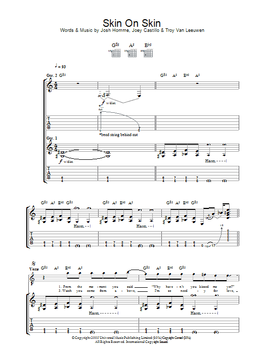 Learn to play Queens Of The Stone Age Skin On Skin sheet music for Guitar Tab in minutes. Price: 7.8900$ Queens Of The Stone Age Skin On Skin sheet music notes and chords arranged for Guitar Tab