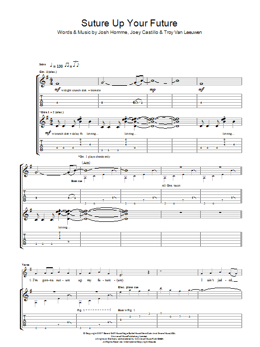 Learn to play Queens Of The Stone Age Suture Up Your Future sheet music for Guitar Tab in minutes. Price: 7.8900$ Queens Of The Stone Age Suture Up Your Future sheet music notes and chords arranged for Guitar Tab