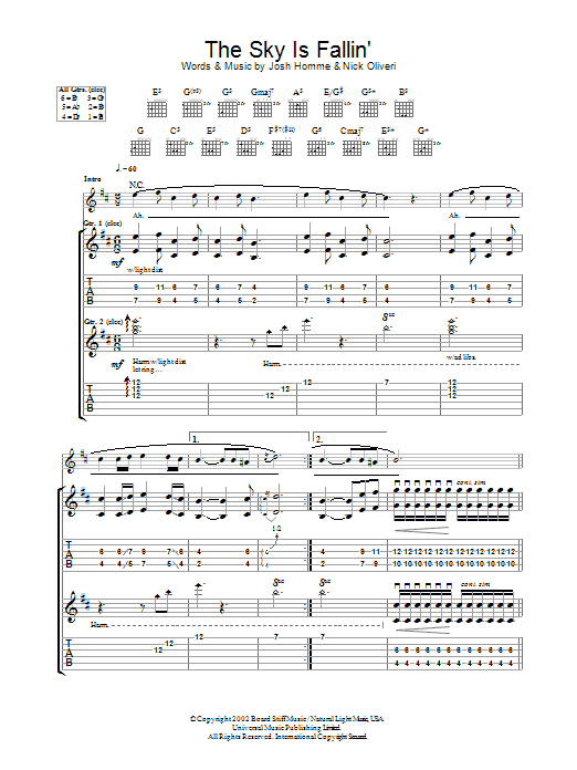Learn to play Queens Of The Stone Age The Sky Is Fallin' sheet music for Guitar Tab in minutes. Price: 7.8900$ Queens Of The Stone Age The Sky Is Fallin' sheet music notes and chords arranged for Guitar Tab