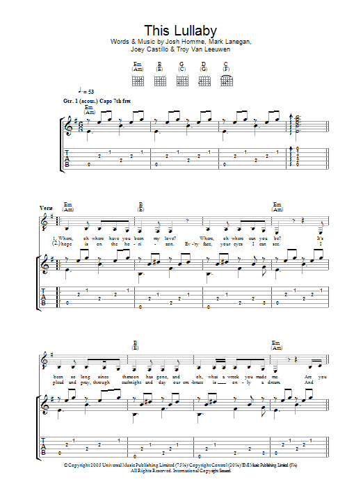 Learn to play Queens Of The Stone Age This Lullaby sheet music for Guitar Tab in minutes. Price: 7.8900$ Queens Of The Stone Age This Lullaby sheet music notes and chords arranged for Guitar Tab