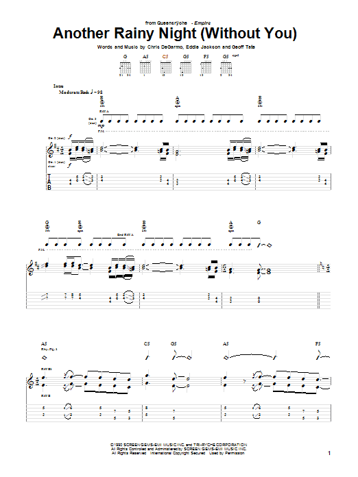 Learn to play Queensryche Another Rainy Night (Without You) sheet music for Guitar Tab in minutes. Price: 7.8900$ Queensryche Another Rainy Night (Without You) sheet music notes and chords arranged for Guitar Tab