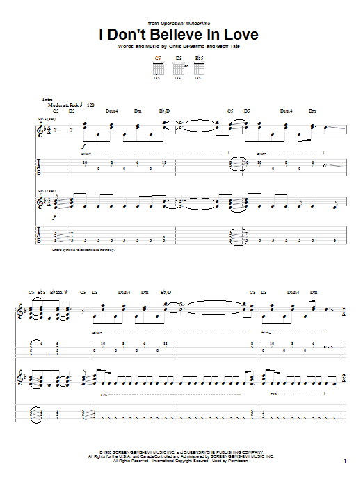 Queensryche I Don't Believe In Love sheet music notes and chords. Download Printable PDF.