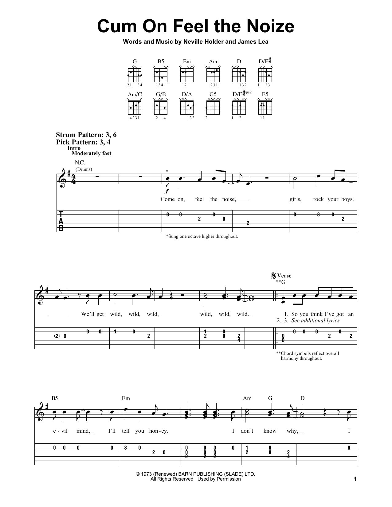 Quiet Riot Cum On Feel The Noize sheet music notes and chords. Download Printable PDF.