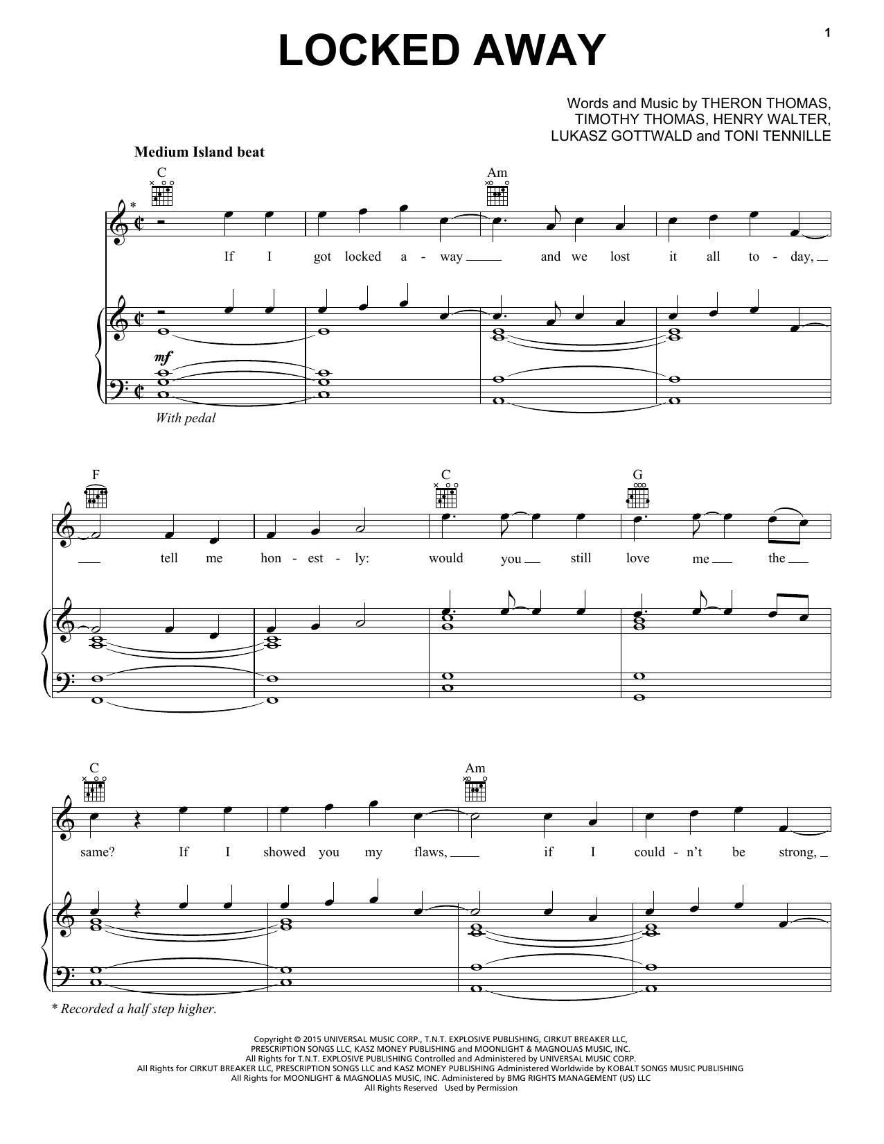 R. City Locked Away (feat. Adam Levine) sheet music notes and chords arranged for Piano, Vocal & Guitar Chords (Right-Hand Melody)