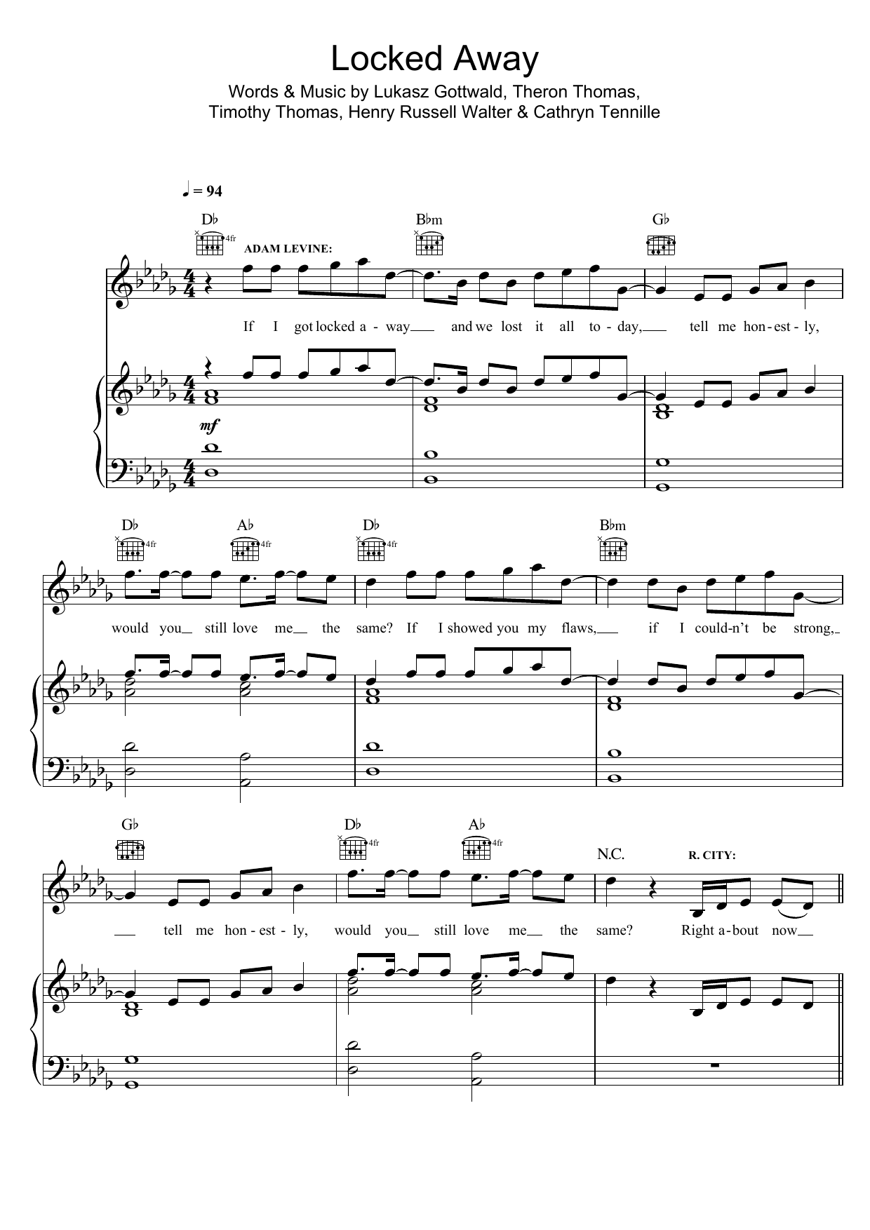 R. City Locked Away (feat. Adam Levine) sheet music notes and chords. Download Printable PDF.