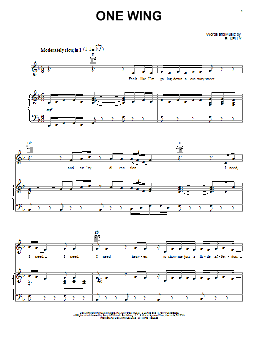 Learn to play R. Kelly One Wing sheet music for Piano, Vocal & Guitar Chords (Right-Hand Melody) in minutes. Price: 7.8900$ R. Kelly One Wing sheet music notes and chords arranged for Piano, Vocal & Guitar Chords (Right-Hand Melody)