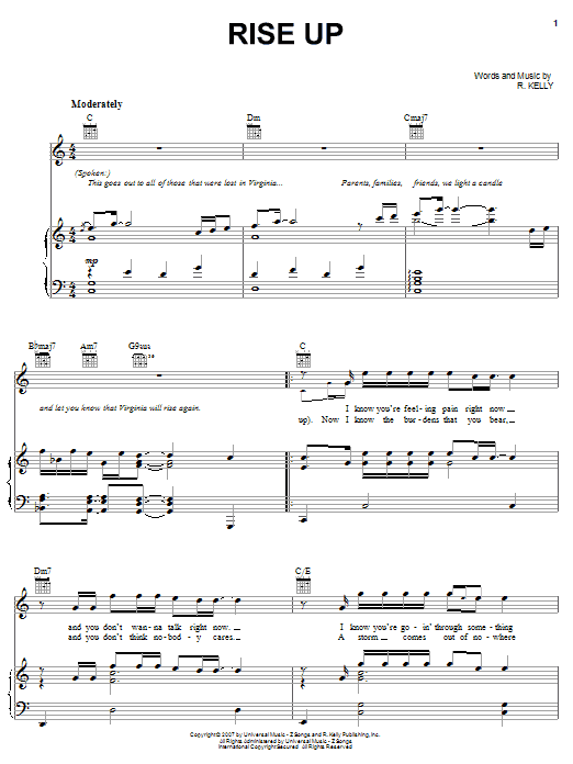 Learn to play R. Kelly Rise Up sheet music for Piano, Vocal & Guitar Chords (Right-Hand Melody) in minutes. Price: 7.8900$ R. Kelly Rise Up sheet music notes and chords arranged for Piano, Vocal & Guitar Chords (Right-Hand Melody)