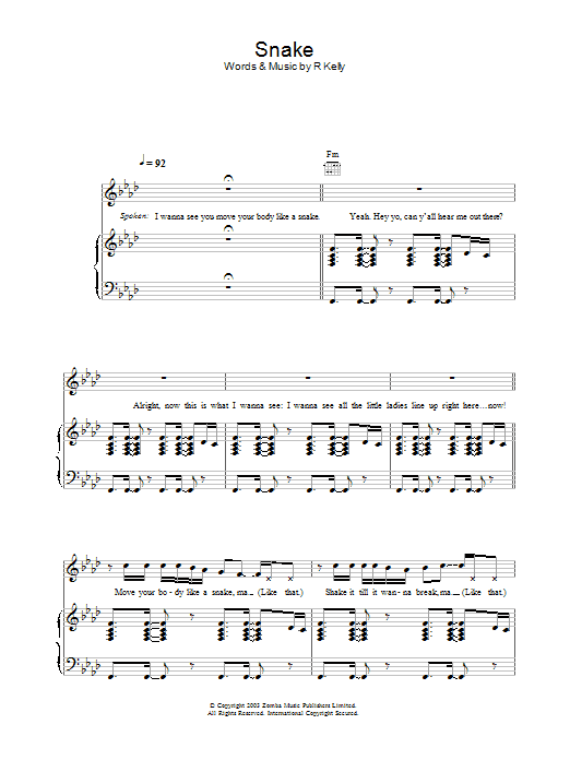 Learn to play R. Kelly Snake sheet music for Piano, Vocal & Guitar Chords in minutes. Price: 7.8900$ R. Kelly Snake sheet music notes and chords arranged for Piano, Vocal & Guitar Chords