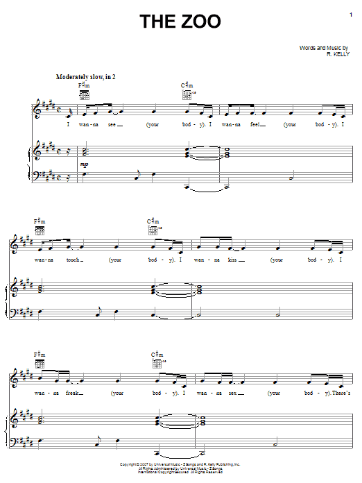 Learn to play R. Kelly The Zoo sheet music for Piano, Vocal & Guitar Chords (Right-Hand Melody) in minutes. Price: 7.8900$ R. Kelly The Zoo sheet music notes and chords arranged for Piano, Vocal & Guitar Chords (Right-Hand Melody)