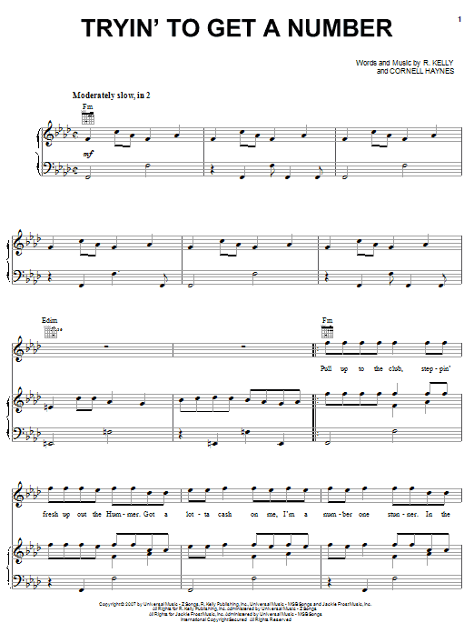 Learn to play R. Kelly Tryin' To Get A Number sheet music for Piano, Vocal & Guitar Chords (Right-Hand Melody) in minutes. Price: 7.8900$ R. Kelly Tryin' To Get A Number sheet music notes and chords arranged for Piano, Vocal & Guitar Chords (Right-Hand Melody)