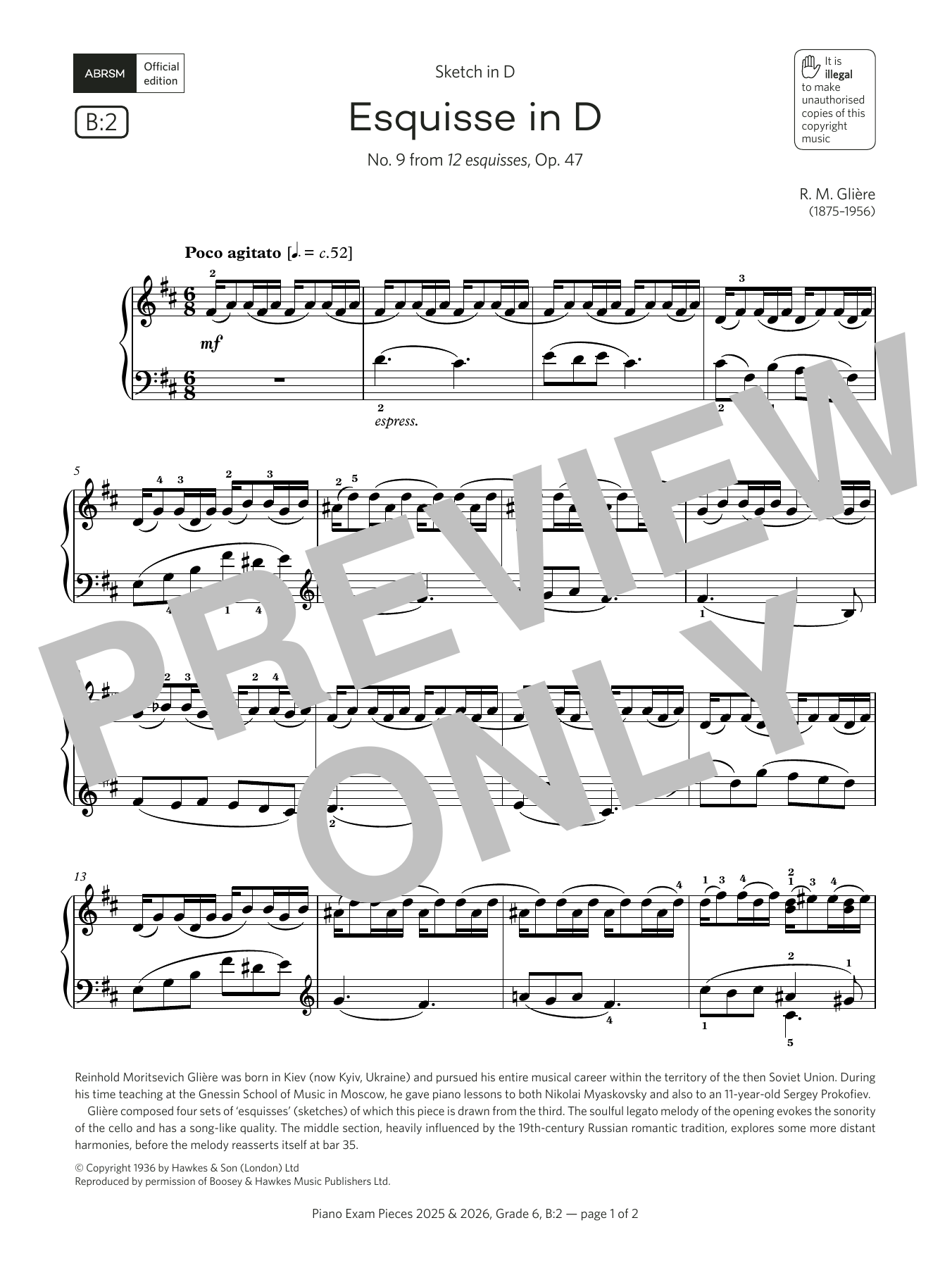 R. M. Glière Esquisse in D (Grade 6, list B2, from the ABRSM Piano Syllabus 2025 & 2026) sheet music notes and chords. Download Printable PDF.