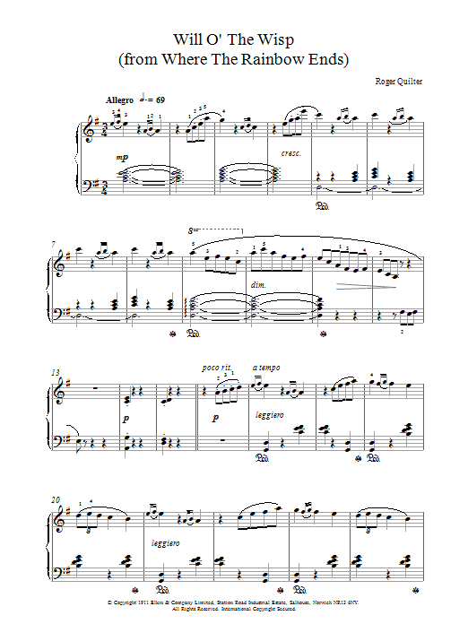 Roger Quilter Will O The Wisp sheet music notes and chords arranged for Piano Solo