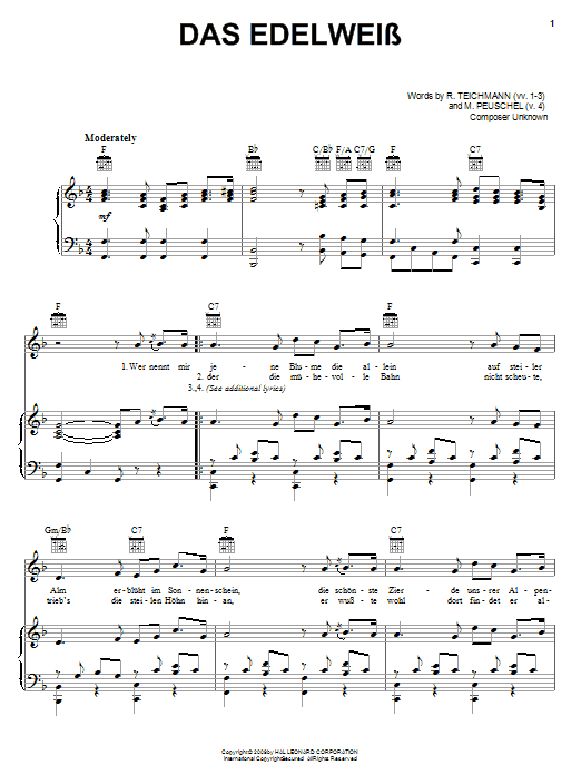 Learn to play R. Teichmann Das Edelweiss sheet music for Piano, Vocal & Guitar Chords (Right-Hand Melody) in minutes. Price: 7.8900$ R. Teichmann Das Edelweiss sheet music notes and chords arranged for Piano, Vocal & Guitar Chords (Right-Hand Melody)