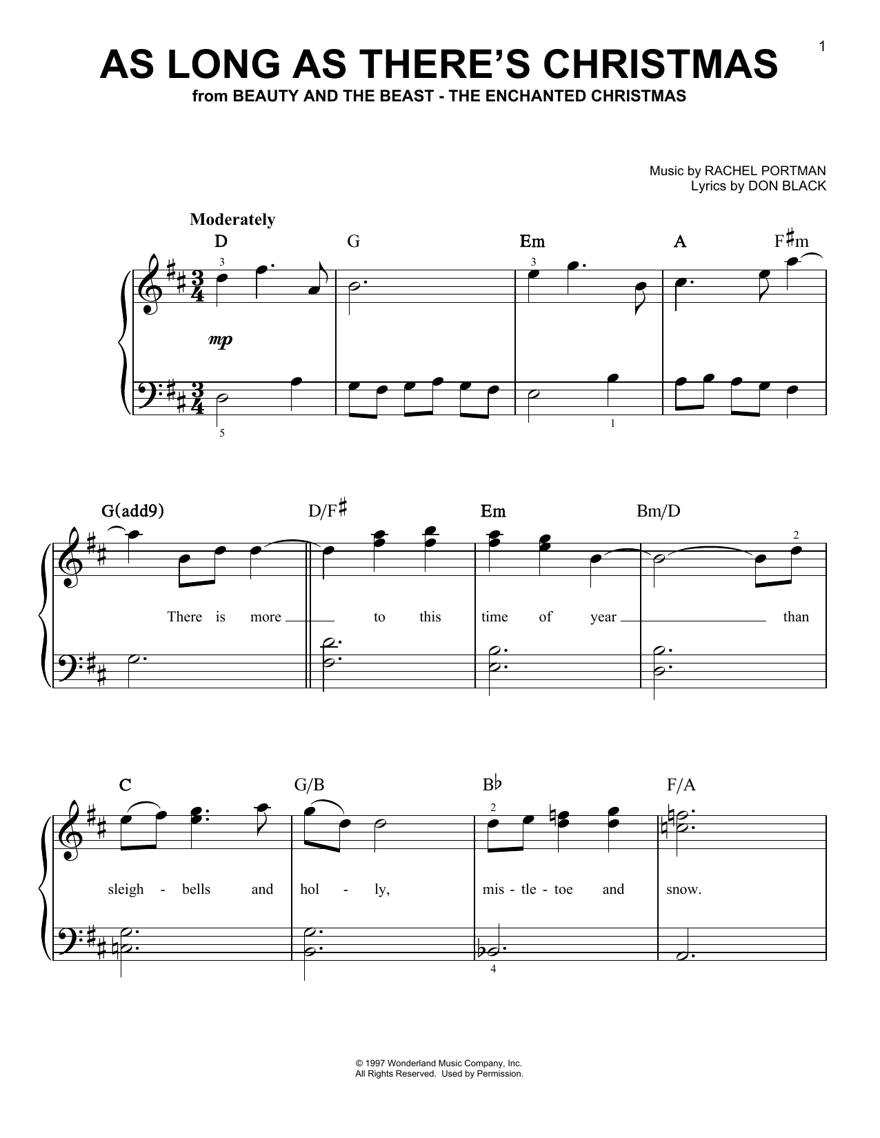 Rachel Portman As Long As There's Christmas (from Beauty And The Beast - The Enchanted Christmas) sheet music notes and chords. Download Printable PDF.