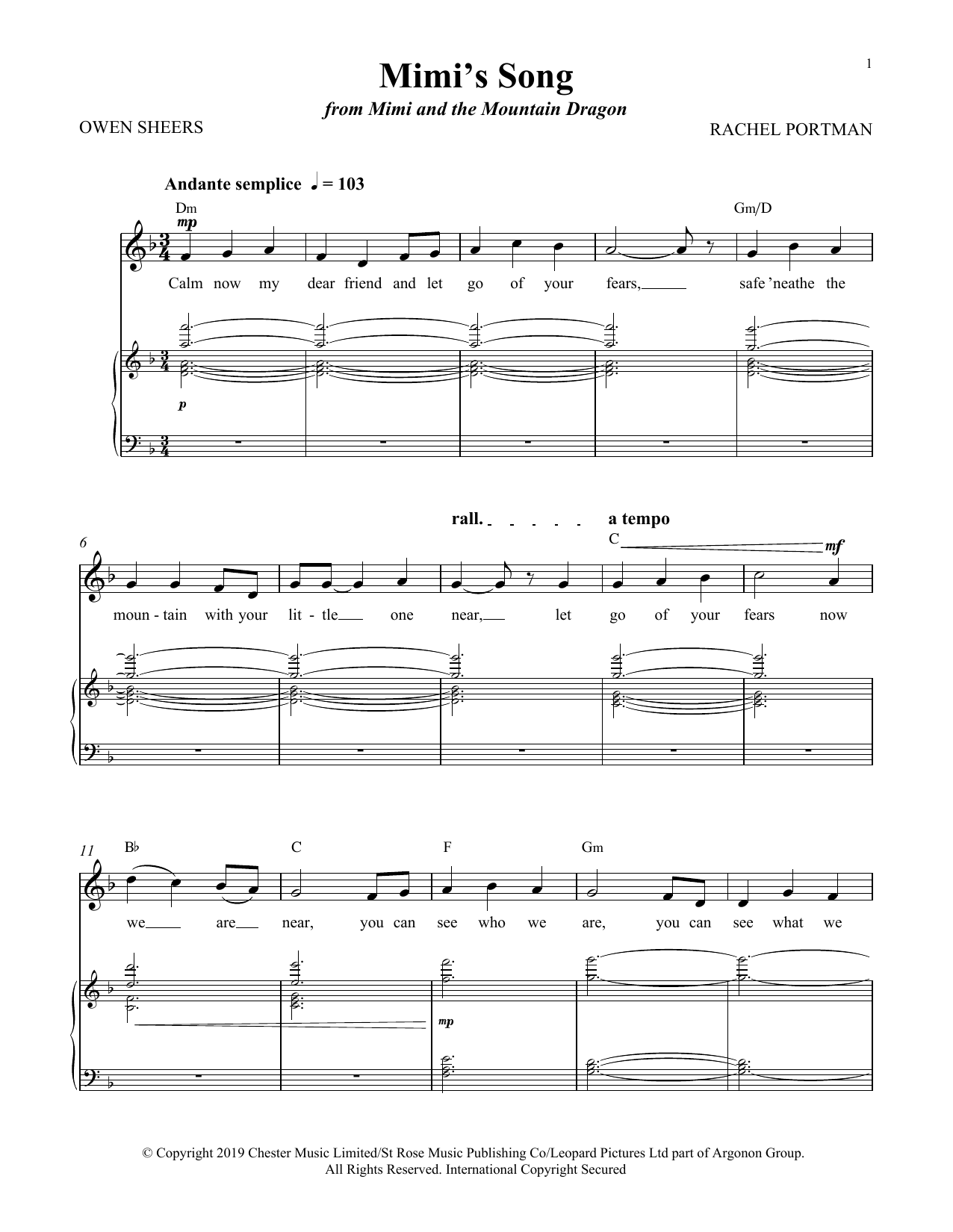 Learn to play Rachel Portman Mimi's Song (from Mimi and the Mountain Dragon) sheet music for Piano & Vocal in minutes. Price: 7.8900$ Rachel Portman Mimi's Song (from Mimi and the Mountain Dragon) sheet music notes and chords arranged for Piano & Vocal