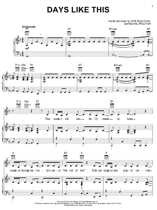 Learn to play Rachel Proctor Days Like This sheet music for Piano, Vocal & Guitar Chords (Right-Hand Melody) in minutes. Price: 7.8900$ Rachel Proctor Days Like This sheet music notes and chords arranged for Piano, Vocal & Guitar Chords (Right-Hand Melody)