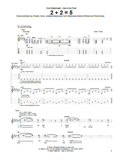 Learn to play Radiohead 2 + 2 = 5 sheet music for Guitar Tab in minutes. Price: 7.8900$ Radiohead 2 + 2 = 5 sheet music notes and chords arranged for Guitar Tab