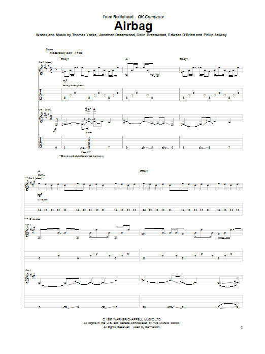 Radiohead Airbag sheet music notes and chords arranged for Guitar Tab