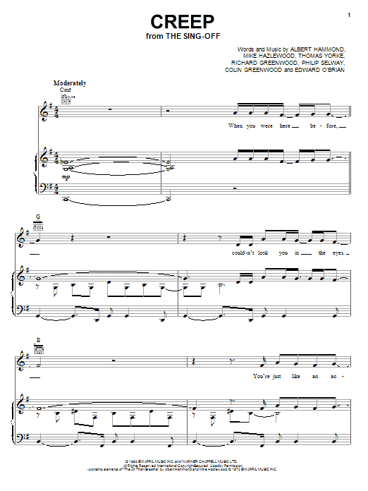 Learn to play Radiohead Creep sheet music for Piano, Vocal & Guitar Chords (Right-Hand Melody) in minutes. Price: 7.8900$ Radiohead Creep sheet music notes and chords arranged for Piano, Vocal & Guitar Chords (Right-Hand Melody)