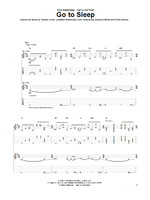 Learn to play Radiohead Go To Sleep sheet music for Guitar Tab in minutes. Price: 7.8900$ Radiohead Go To Sleep sheet music notes and chords arranged for Guitar Tab