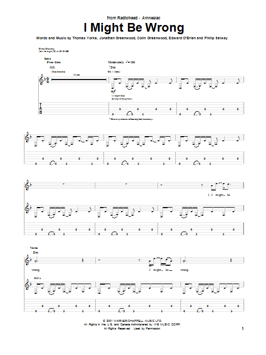 Learn to play Radiohead I Might Be Wrong sheet music for Guitar Tab in minutes. Price: 7.8900$ Radiohead I Might Be Wrong sheet music notes and chords arranged for Guitar Tab