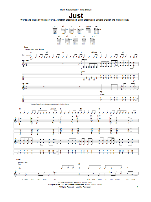 Radiohead Just sheet music notes and chords. Download Printable PDF.