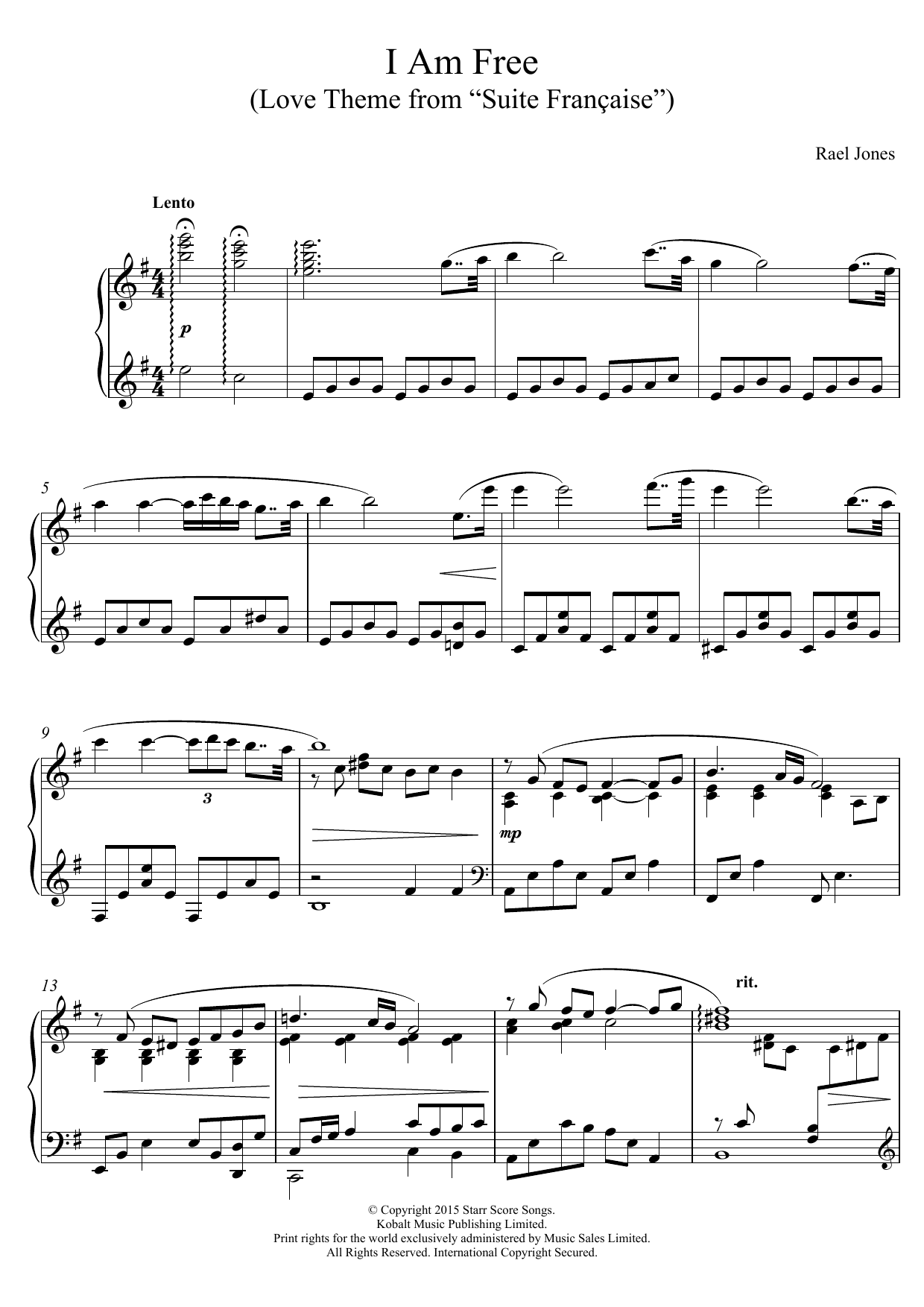 Rael Jones I Am Free (Love Theme from 'Suite Francaise') sheet music notes and chords. Download Printable PDF.