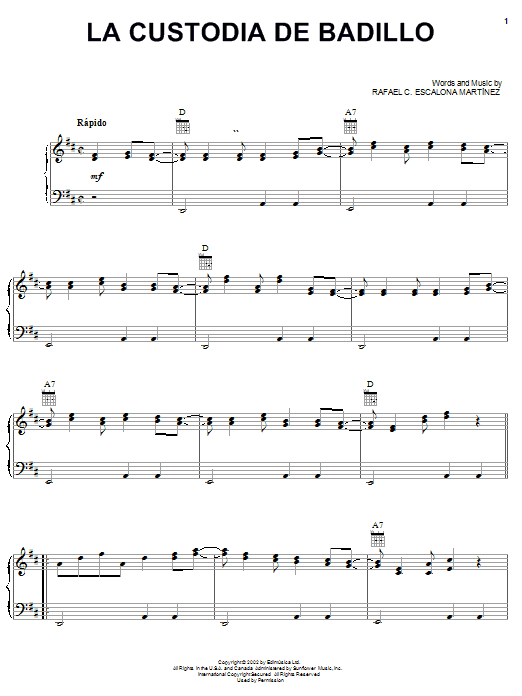 Learn to play Rafael C. Escalona Martinez La Custodia De Badillo sheet music for Piano, Vocal & Guitar Chords (Right-Hand Melody) in minutes. Price: 7.8900$ Rafael C. Escalona Martinez La Custodia De Badillo sheet music notes and chords arranged for Piano, Vocal & Guitar Chords (Right-Hand Melody)