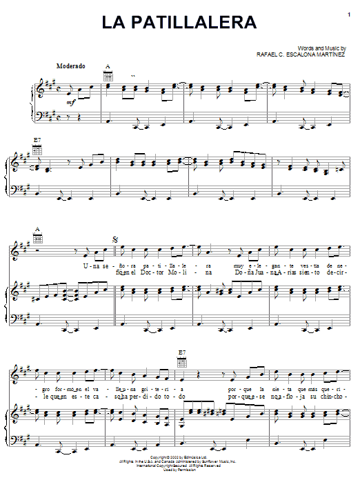 Learn to play Rafael C. Escalona Martinez La Patillalera sheet music for Piano, Vocal & Guitar Chords (Right-Hand Melody) in minutes. Price: 7.8900$ Rafael C. Escalona Martinez La Patillalera sheet music notes and chords arranged for Piano, Vocal & Guitar Chords (Right-Hand Melody)