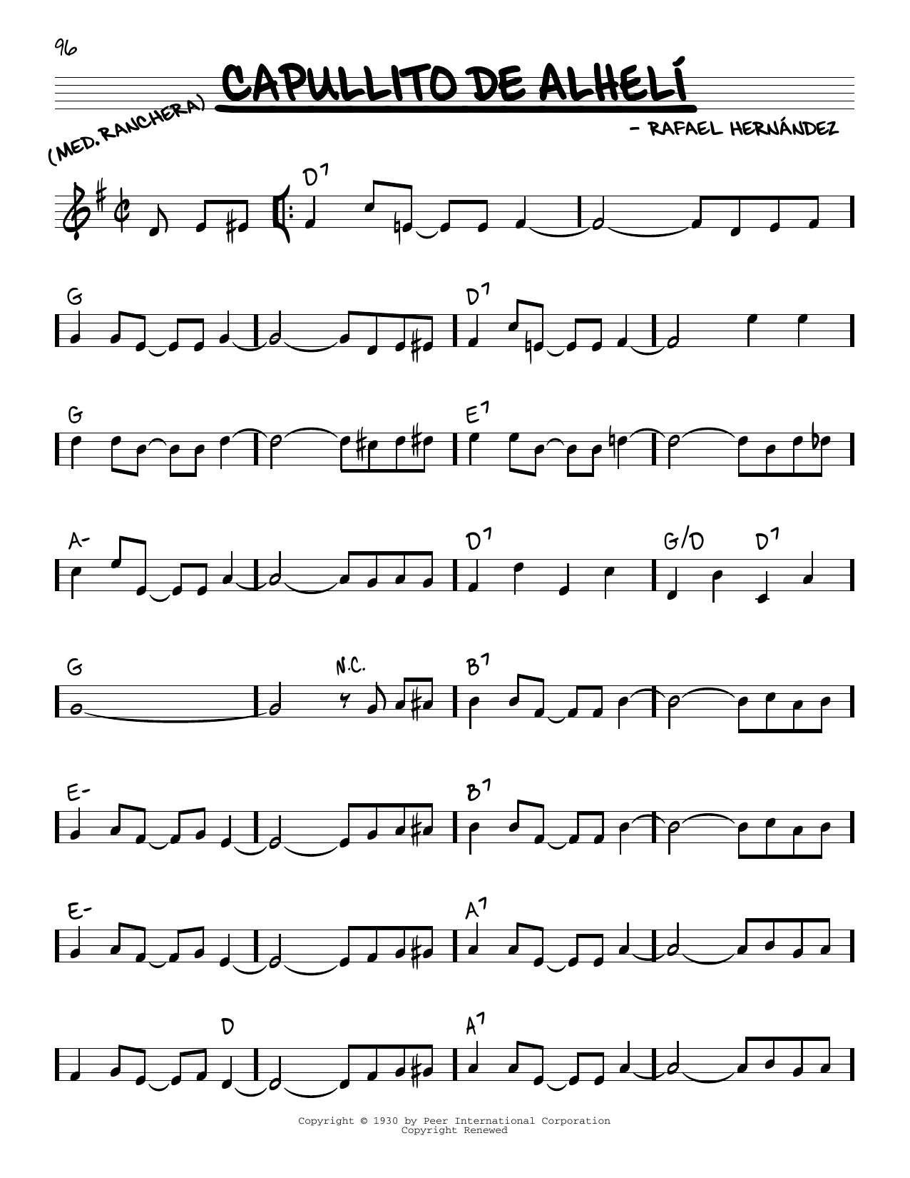 Learn to play Rafael Hernández Capullito de Alheli sheet music for Real Book – Melody & Chords in minutes. Price: 5.9900$ Rafael Hernández Capullito de Alheli sheet music notes and chords arranged for Real Book – Melody & Chords