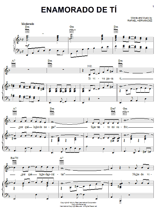 Learn to play Rafael Hernandez Enamorado De Ti sheet music for Piano, Vocal & Guitar Chords (Right-Hand Melody) in minutes. Price: 7.8900$ Rafael Hernandez Enamorado De Ti sheet music notes and chords arranged for Piano, Vocal & Guitar Chords (Right-Hand Melody)