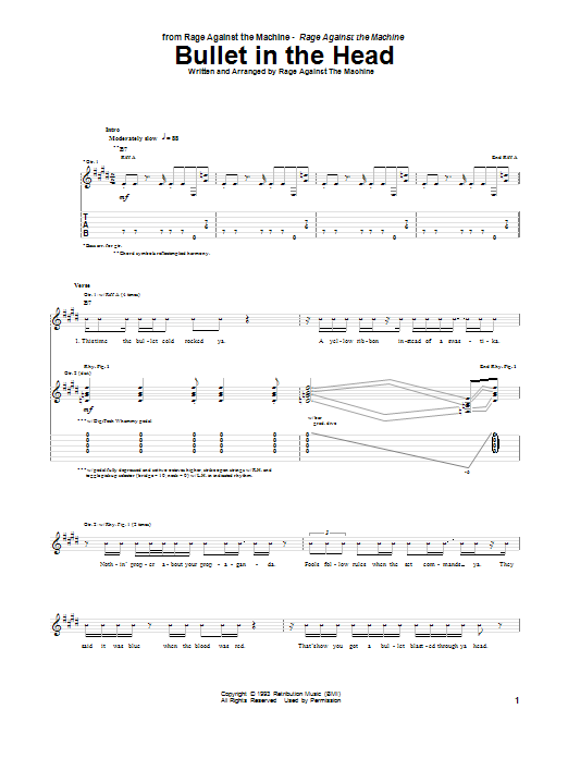 Learn to play Rage Against The Machine Bullet In The Head sheet music for Guitar Tab in minutes. Price: 7.8900$ Rage Against The Machine Bullet In The Head sheet music notes and chords arranged for Guitar Tab