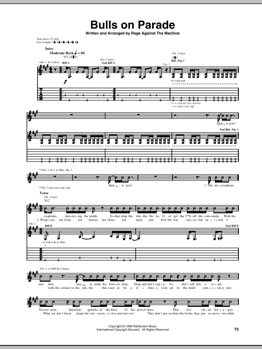 Learn to play Rage Against The Machine Bulls On Parade sheet music for Guitar Tab in minutes. Price: 6.9900$ Rage Against The Machine Bulls On Parade sheet music notes and chords arranged for Guitar Tab