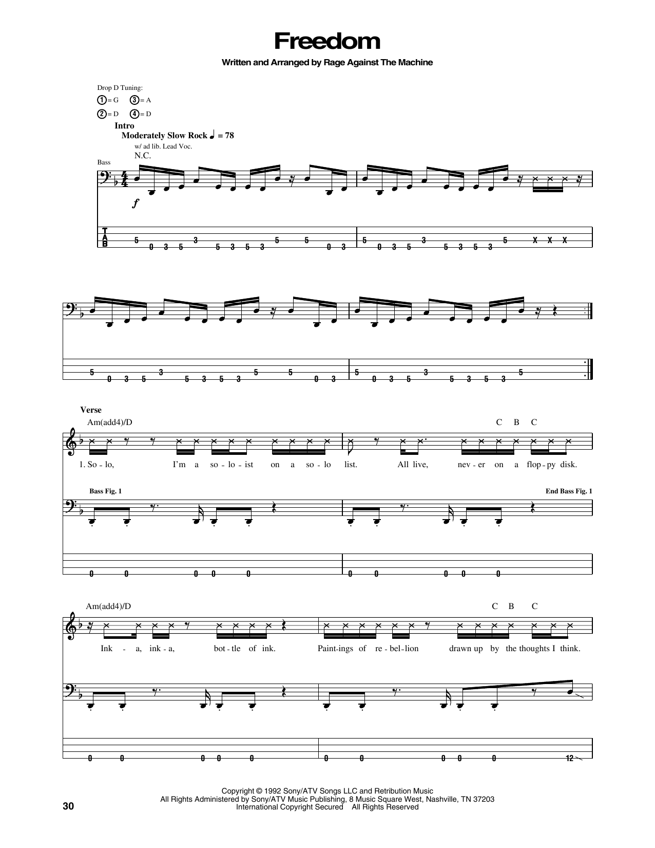 Rage Against The Machine Freedom sheet music notes and chords arranged for Bass Guitar Tab