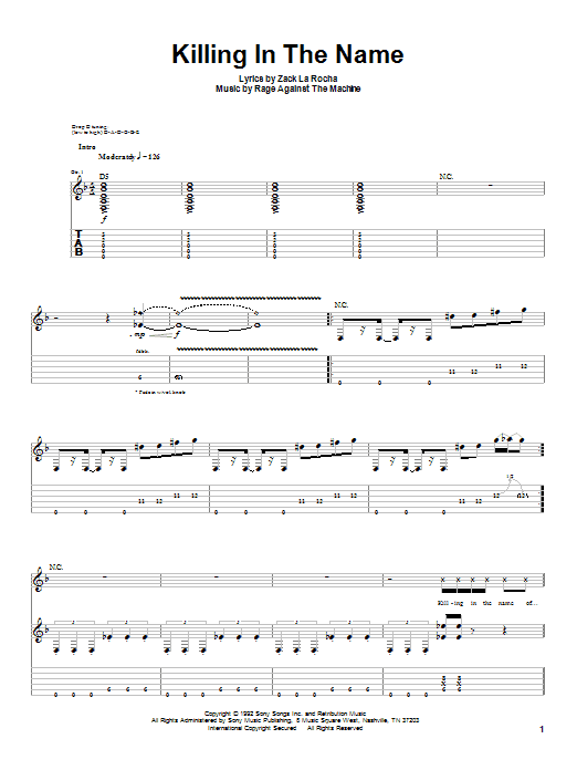 Rage Against The Machine Killing In The Name sheet music notes and chords. Download Printable PDF.