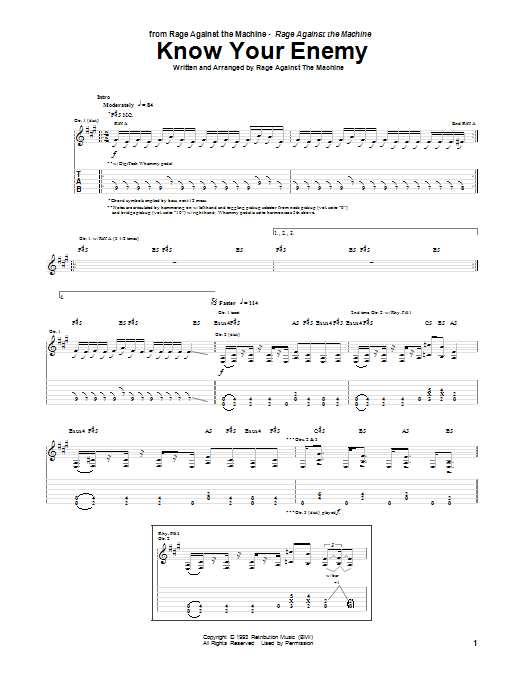 Rage Against The Machine Know Your Enemy sheet music notes and chords. Download Printable PDF.