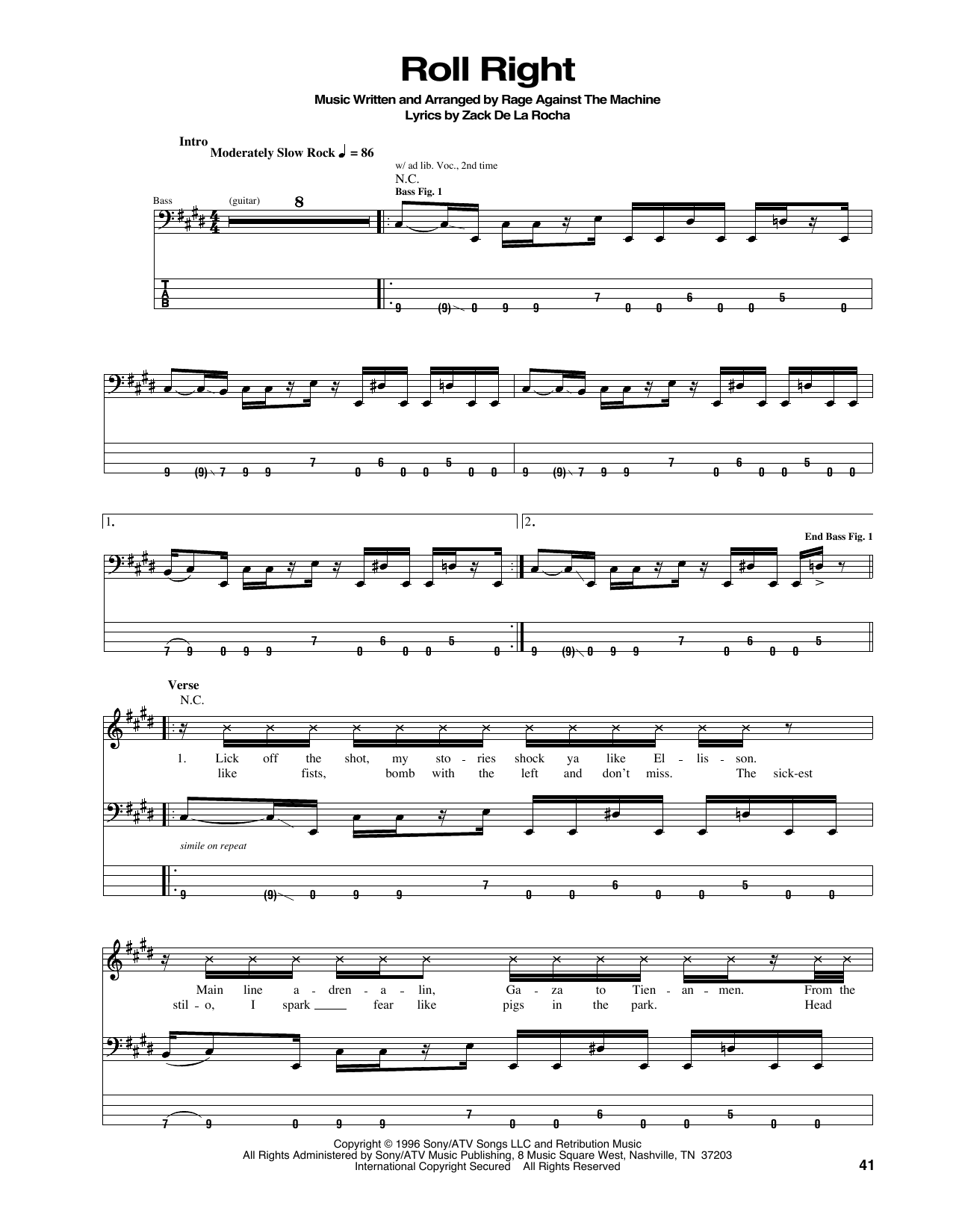 Rage Against The Machine Roll Right sheet music notes and chords arranged for Bass Guitar Tab