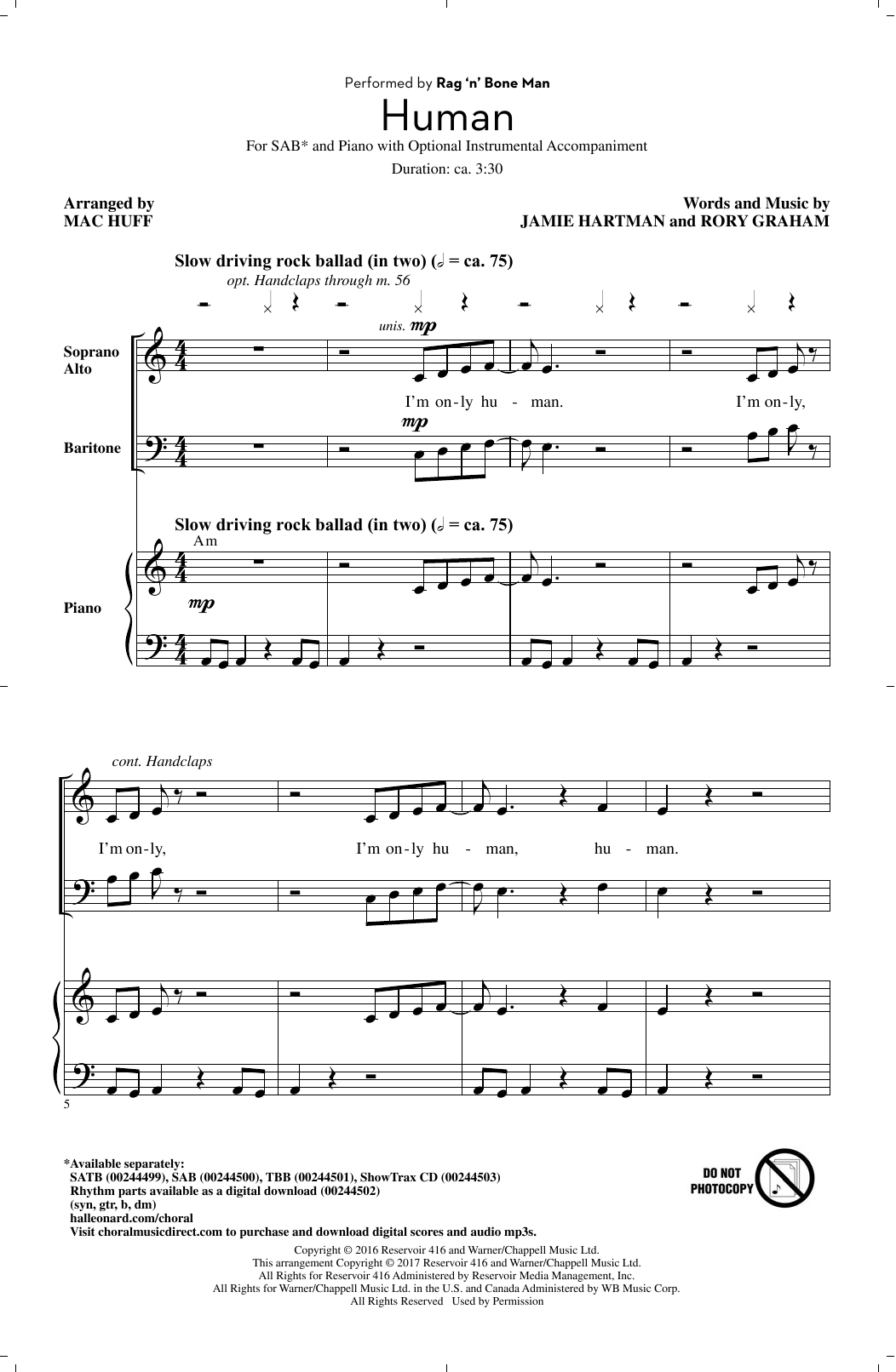 Rag'n'Bone Man Human (arr. Mac Huff) sheet music notes and chords. Download Printable PDF.