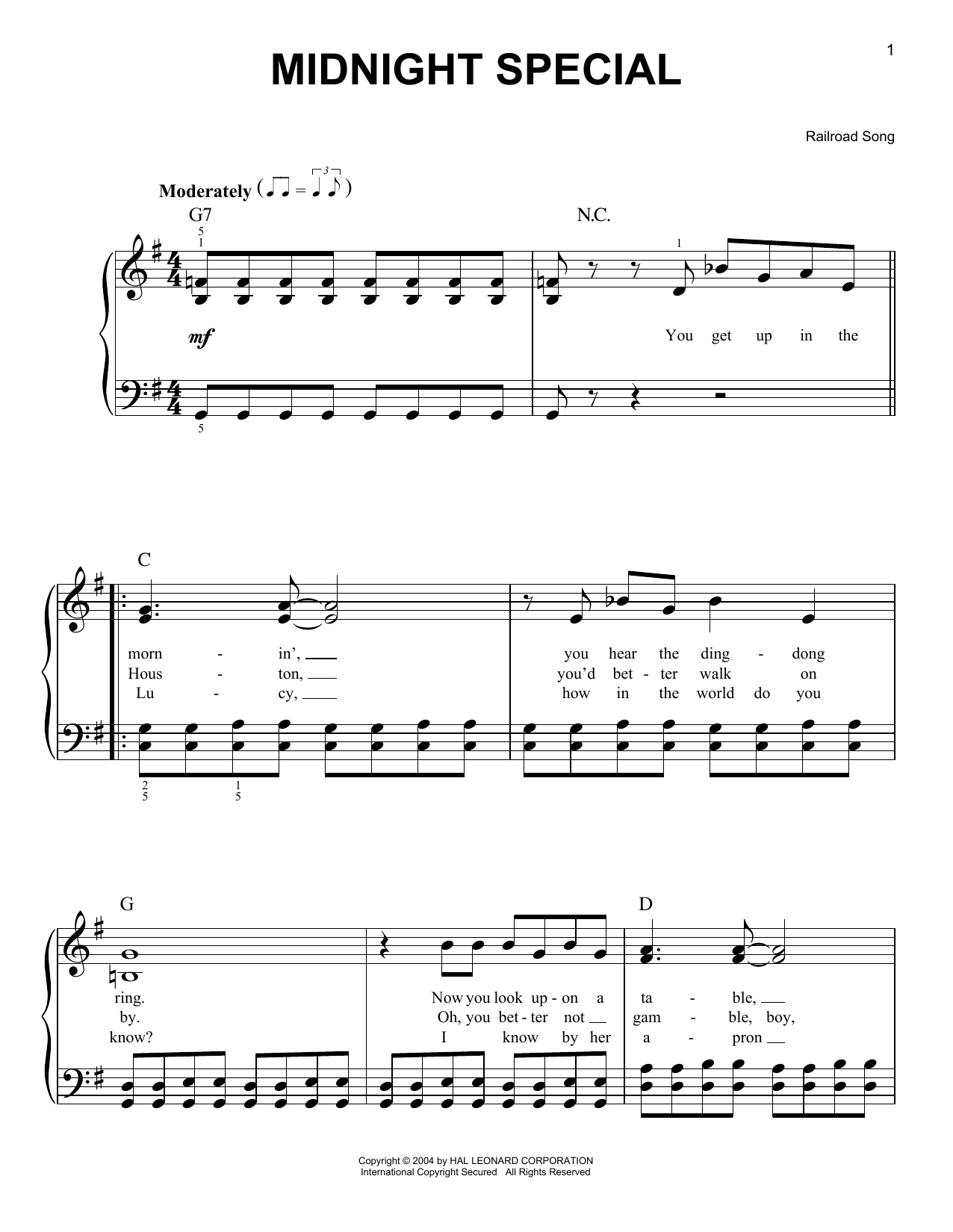 Railroad Song Midnight Special sheet music notes and chords. Download Printable PDF.