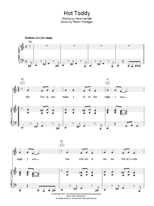 Learn to play Ralph Flanagan Hot Toddy sheet music for Piano, Vocal & Guitar Chords in minutes. Price: 7.8900$ Ralph Flanagan Hot Toddy sheet music notes and chords arranged for Piano, Vocal & Guitar Chords
