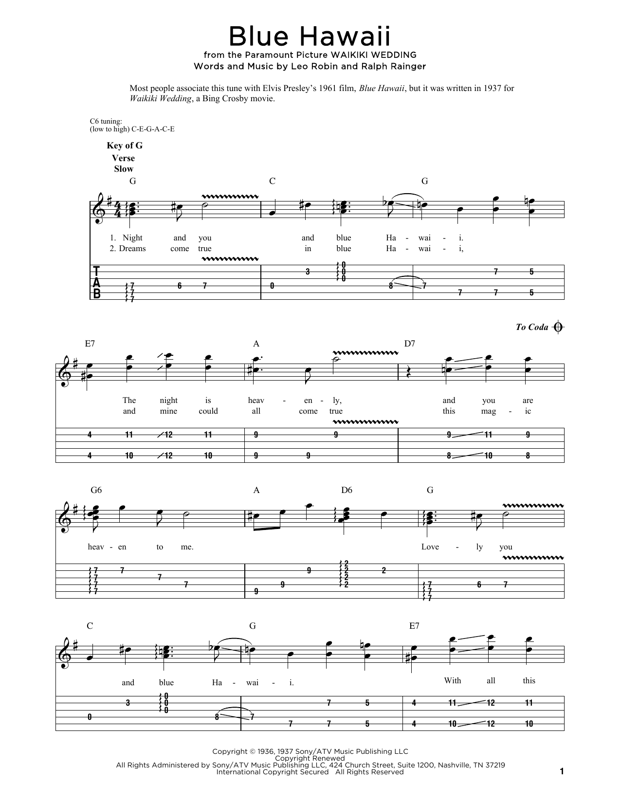 Ralph Rainger Blue Hawaii sheet music notes and chords. Download Printable PDF.