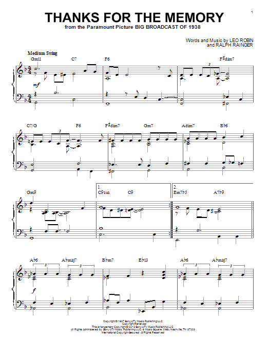 Learn to play Ralph Rainger Thanks For The Memory (arr. Brent Edstrom) sheet music for Piano Solo in minutes. Price: 7.8900$ Ralph Rainger Thanks For The Memory (arr. Brent Edstrom) sheet music notes and chords arranged for Piano Solo