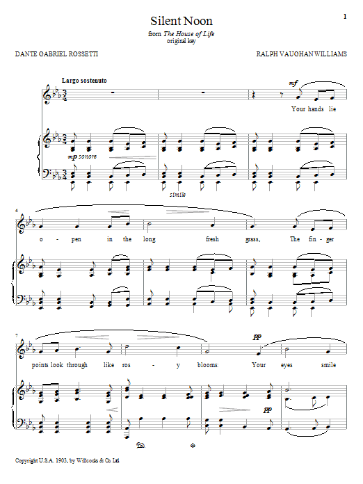 Ralph Vaughan Williams Silent Noon sheet music notes and chords. Download Printable PDF.